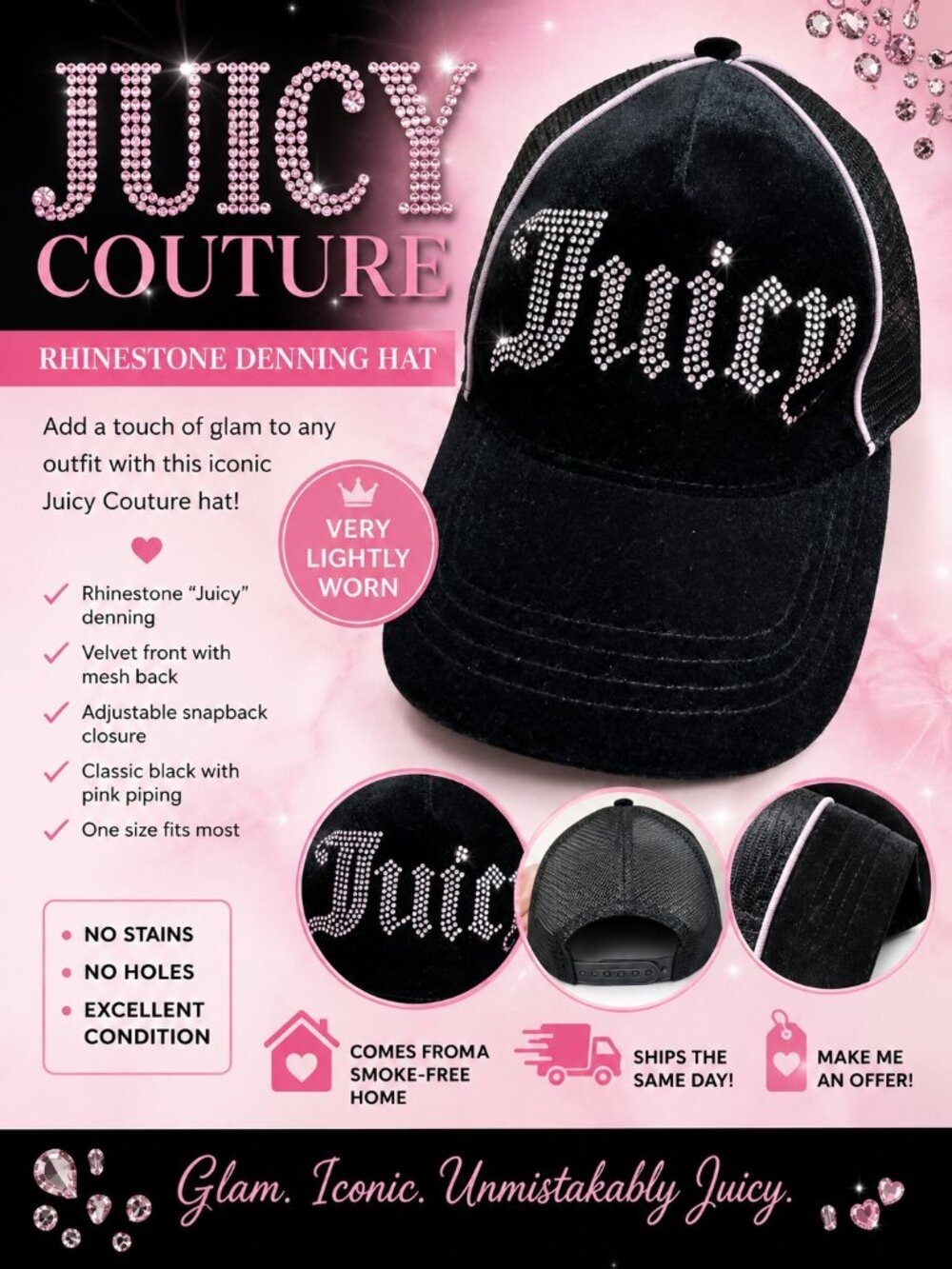 Juicy Couture Black Velour Rhinestone Trucker Hat Pink Mesh Y2K OS Cap